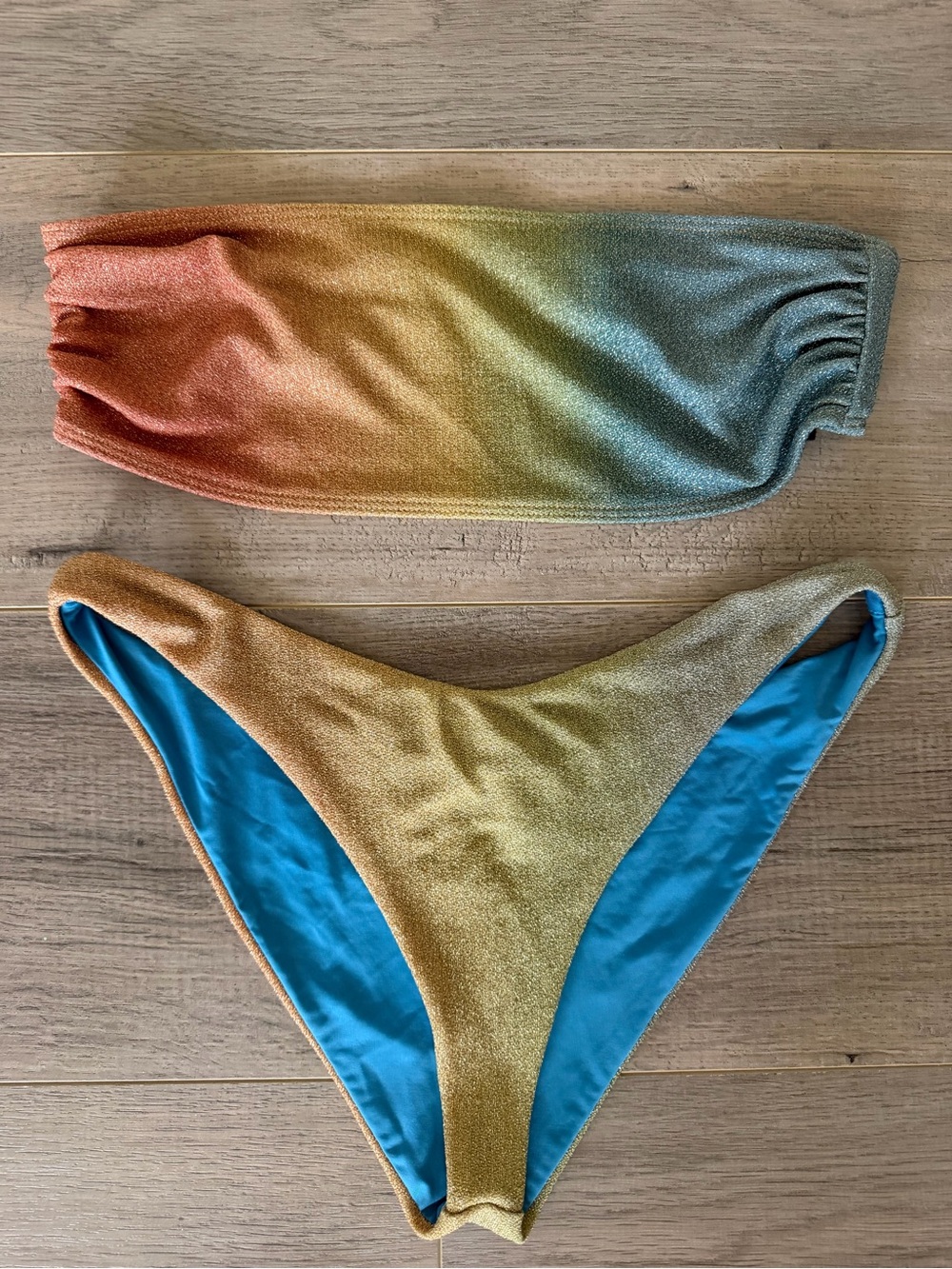 Beach Riot Ombre Bandeau Bikini Set in Coral, Gold & Teal